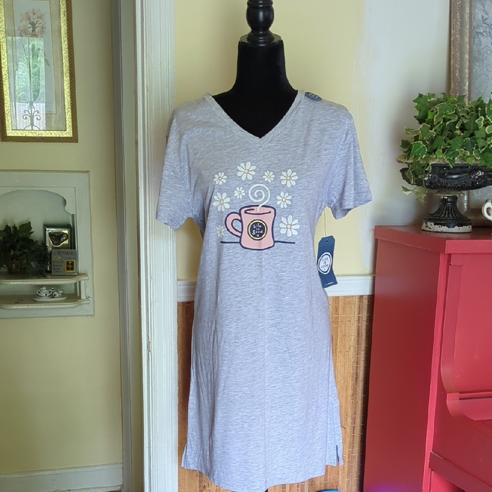 Life Is Good Gray and Pink Pajama Set with V-Neck and Graphic Design